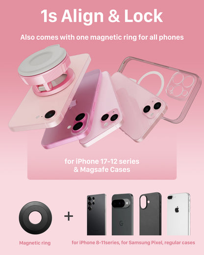 YOSH Pink Vacuum Car Phone Holder for Magsafe, Foldable Magnetic Phone Mount with 360° Adjustable Arm for Video Recording, Content Creation & Car Use, for iPhone Samsung Pixel