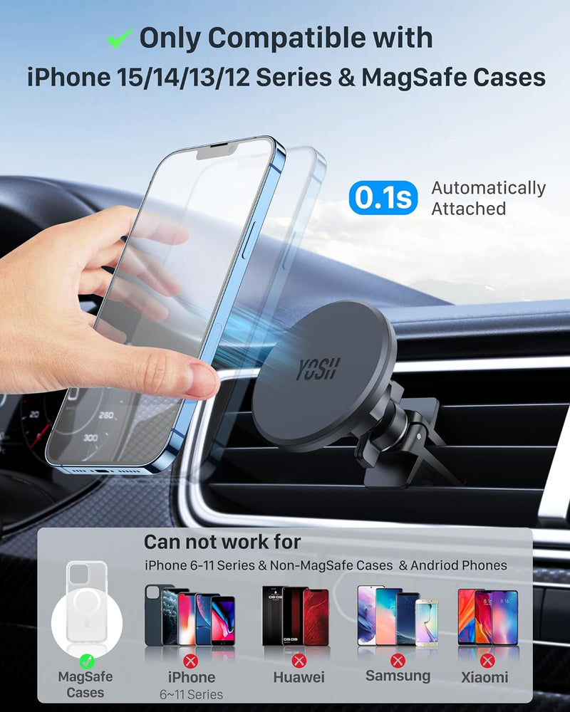 YOSH MagSafe Car Mount Air Vent, Car Phone Holder iPhone Magnetic Phone Car Mount Magnet Phone Holder for Cars, for iPhone 15/14/13/12 Series & MagSafe Case with Double Lock Clip without Metal Plates