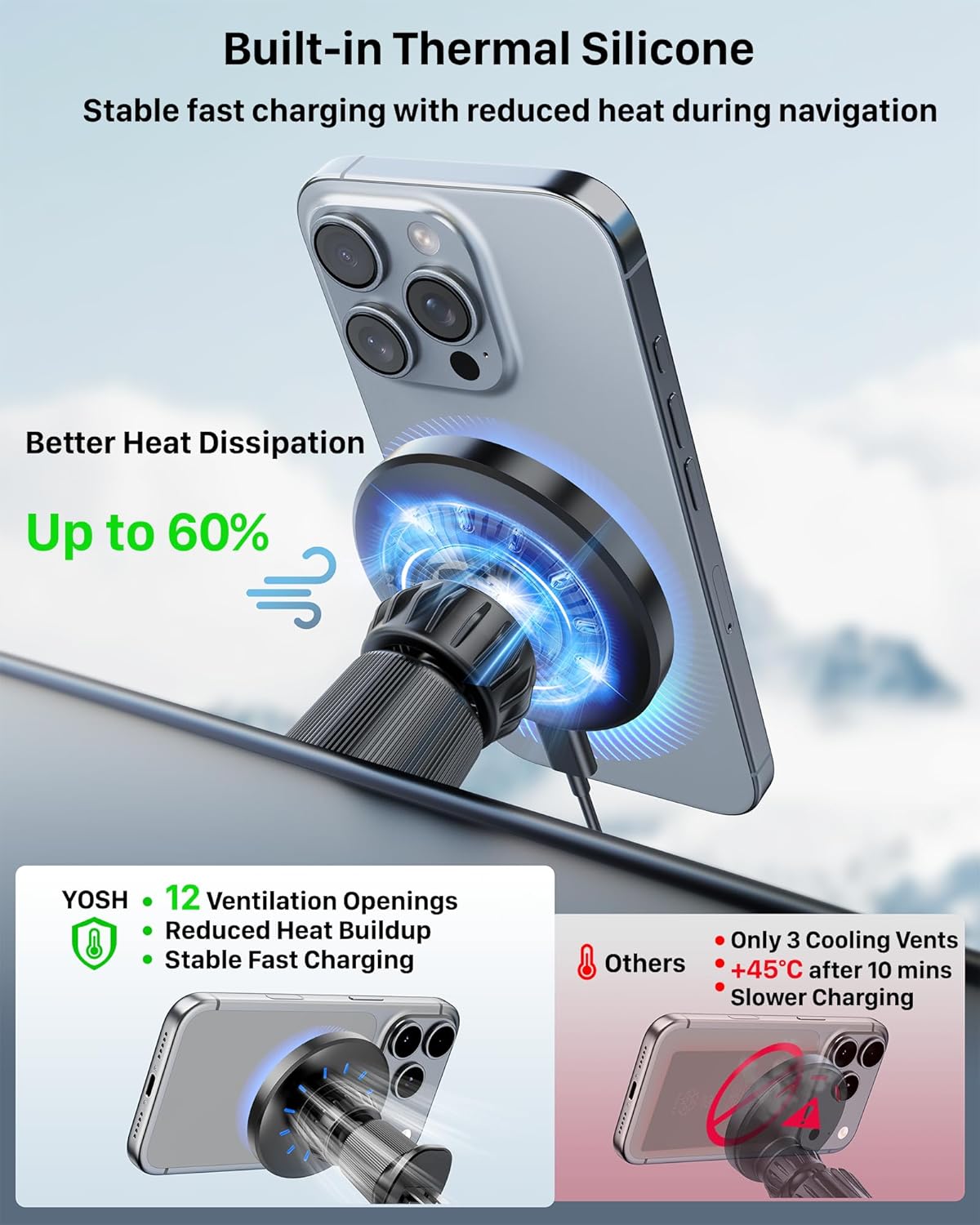 YOSH for MagSafe Car Mount Charger, [Advanced Cooling & 15W Fast Charging] Magnetic Wireless Car Charger with Extendable Metal Double Hook for Air Vent, 22×N56 Magnets for iPhone 17–12 Samsung Pixel