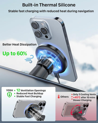 YOSH for MagSafe Car Mount Charger, [Advanced Cooling & 15W Fast Charging] Magnetic Wireless Car Charger with Extendable Metal Double Hook for Air Vent, 22×N56 Magnets for iPhone 17–12 Samsung Pixel