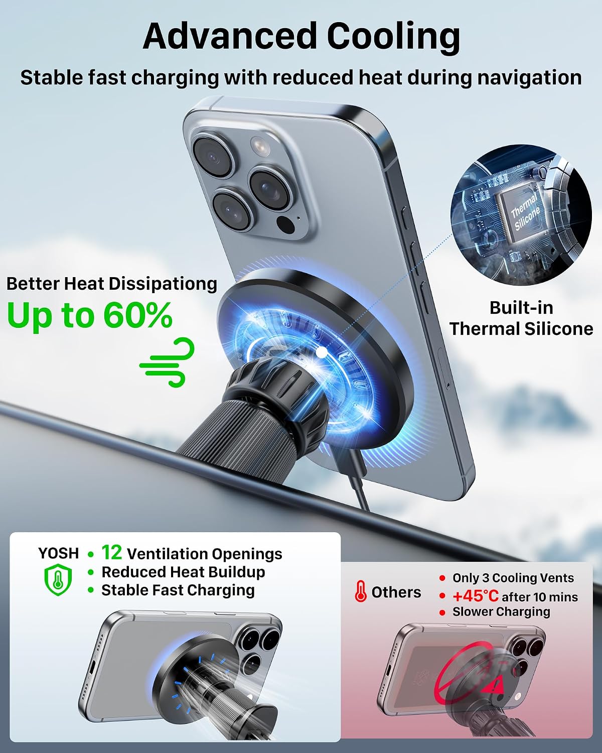 YOSH for MagSafe Car Mount Charger, 15W Fast Charging, with 60W Car Adapter | Magnetic Wireless Car Charger with Extendable Metal Double Hook for Air Vent, 22×N56 Magnets for iPhone 17–12 Samsung Pixel