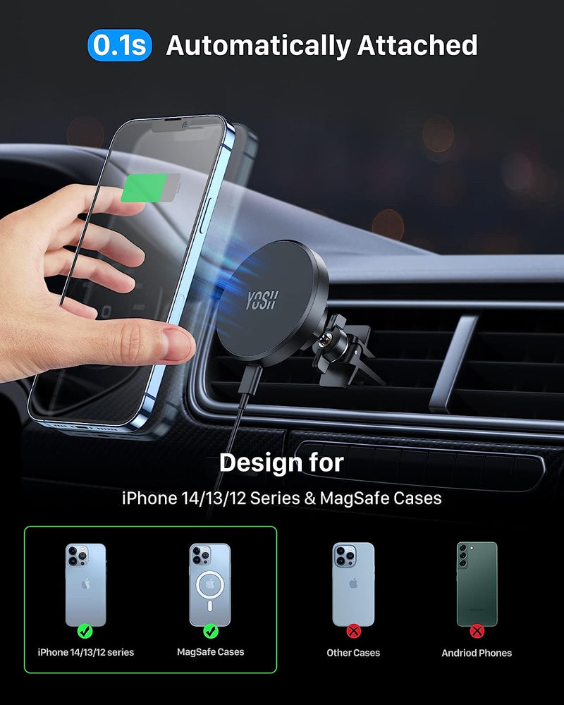 YOSH Mag-Safe Car Charger Mount Air Vent, Wireless Magnetic Fast Charging iPhone Car Charger Mount, Magnet Phone Holder Cradle with 36W Car Charger Adapter for iPhone 15/14/13/12 Series