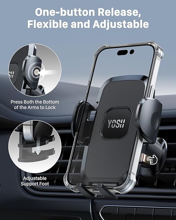 YOSH Car Phone Holder with Double Lock Metal Hook, 2024 Air Vent Mobile Phone Car Mount, Phone Holder for Cars, Super Stable Big Phone Friendly for iPhone 16 15 14 13 12 Pro Max Samsung S24 S23 Pixel