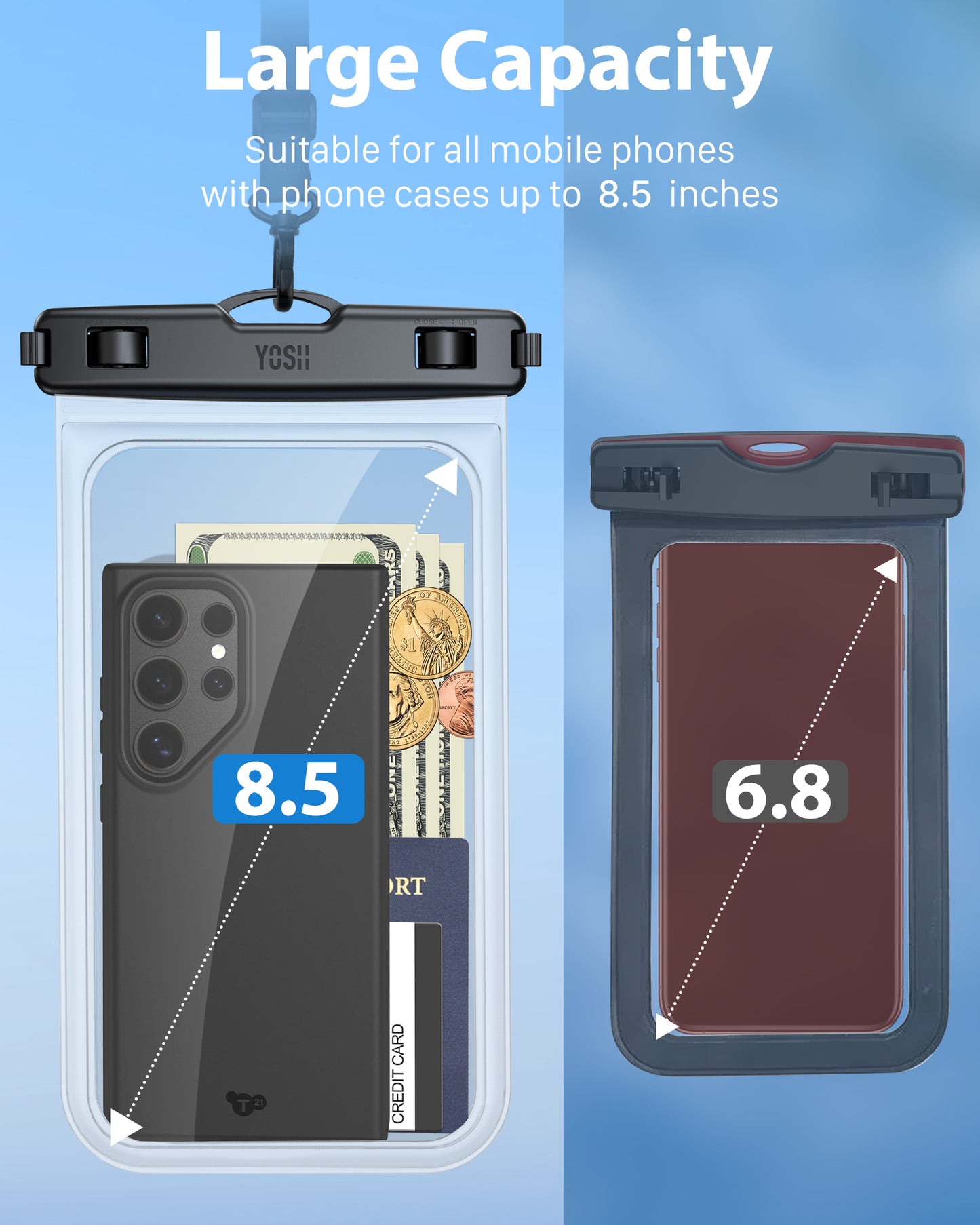 YOSH Waterproof Phone Pouch for Big Phones up to 8.5 inch, 2-Pack IPX8 Waterproof Phone Case for Boating Paddleboarding SUP, Waterproof Bag for iPhone 17 16 15 14 Pro Max Samsung S24 FE S23 S22 Ultra