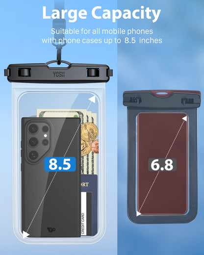 YOSH Waterproof Phone Pouch for Big Phones up to 8.5 inch, 2-Pack IPX8 Waterproof Phone Case for Boating Paddleboarding SUP, Waterproof Bag for iPhone 17 16 15 14 Pro Max Samsung S24 FE S23 S22 Ultra