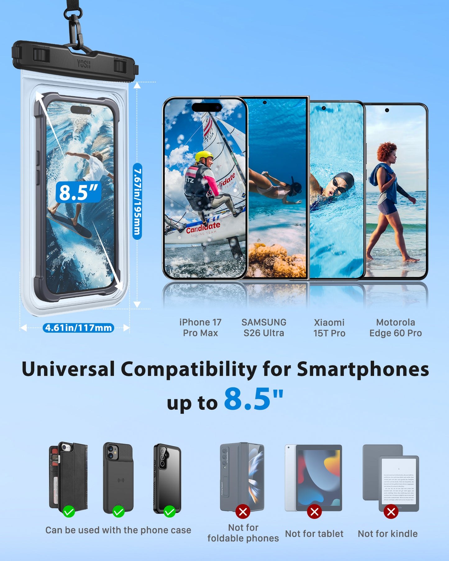 YOSH Waterproof Phone Pouch for Big Phones up to 8.5 inch, 2-Pack IPX8 Waterproof Phone Case for Boating Paddleboarding SUP, Waterproof Bag for iPhone 17 16 15 14 Pro Max Samsung S24 FE S23 S22 Ultra