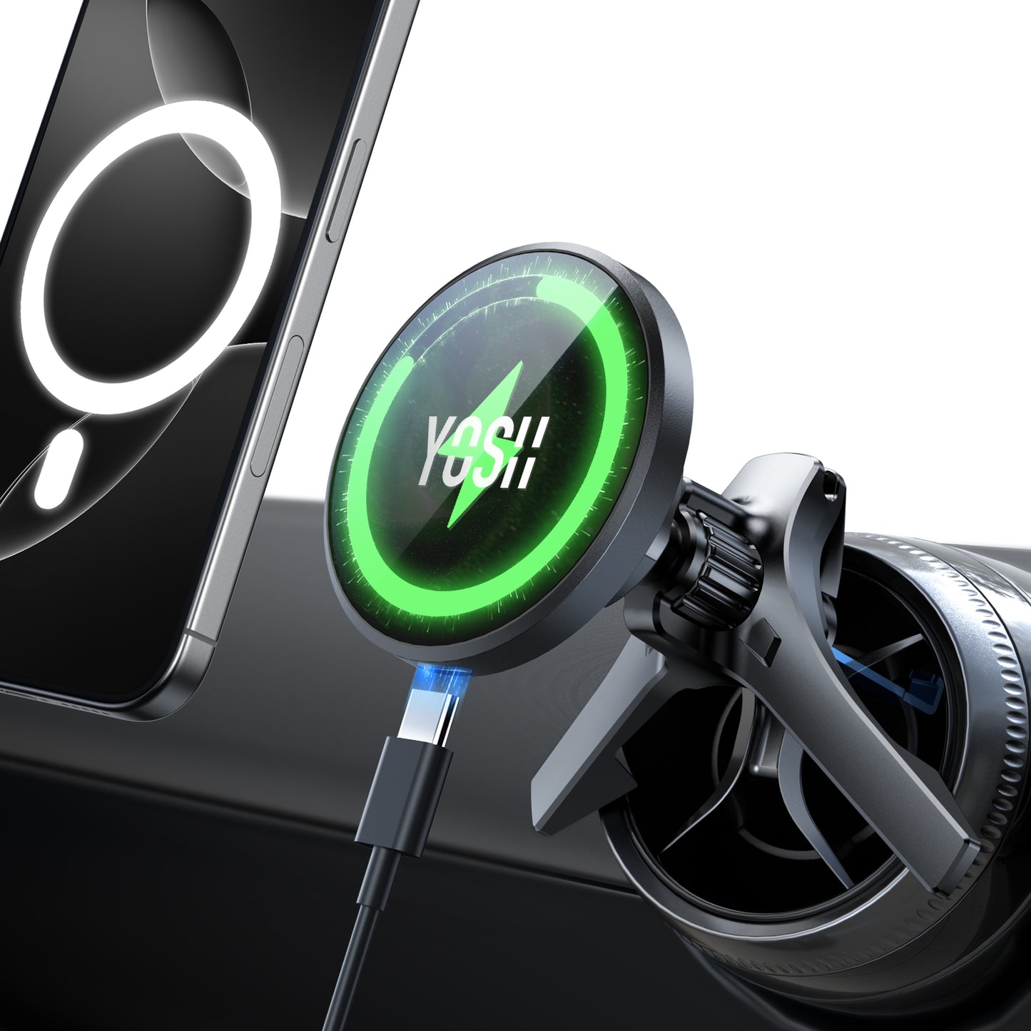 YOSH MagSafe Car Charger Mount Round Air Vent for Mercedes Benz Audi BMW Mini Cooper, 15W Fastest Charging Magnetic Car Phone Holder Charger, Perfect for iPhone 16/15/14/13/12 Series & Mag-Safe Case
