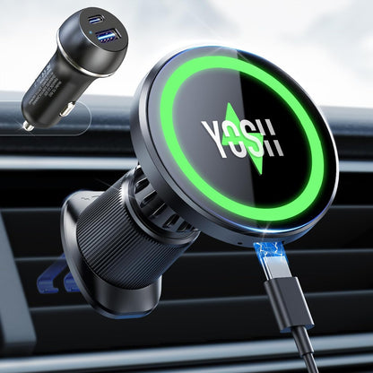 YOSH for MagSafe Car Mount Charger, 15W Fast Charging, with 60W Car Adapter | Magnetic Wireless Car Charger with Extendable Metal Double Hook for Air Vent, 22×N56 Magnets for iPhone 17–12 Samsung Pixel