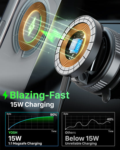 YOSH Magsafe Car Mount Charger, 15W Fast Charging [Nano Gel & Vacuum Suction Cup] Magnetic Wireless Car Charger, Magnetic Holder for iPhone 17-12 Series & All Phones with Included Metal Ring