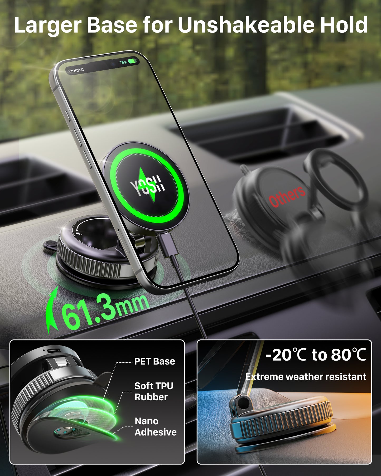 YOSH Magsafe Car Mount Charger, 15W Fast Charging [Nano Gel & Vacuum Suction Cup] Magnetic Wireless Car Charger, Magnetic Holder for iPhone 17-12 Series & All Phones with Included Metal Ring