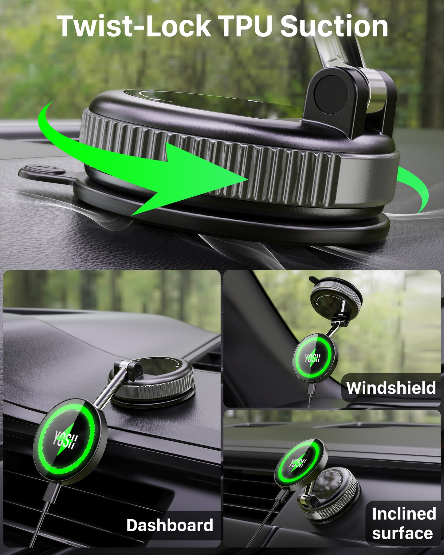 YOSH Magsafe Car Mount Charger, 15W Fast Charging [Nano Gel & Vacuum Suction Cup] Magnetic Wireless Car Charger, Magnetic Holder for iPhone 17-12 Series & All Phones with Included Metal Ring