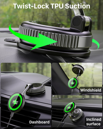 YOSH Magsafe Car Mount Charger, 15W Fast Charging [Nano Gel & Vacuum Suction Cup] Magnetic Wireless Car Charger, Magnetic Holder for iPhone 17-12 Series & All Phones with Included Metal Ring