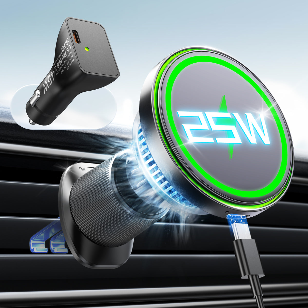 YOSH 25W for Magsafe Car Mount Charger, Car Phone Holder with 45W Adapter | Wireless Car Charger Air Vent with Cooling Fan, Fast Charging for iPhone 17 Pro Max, for iPhone 17-12, Samsung S26, Pixel