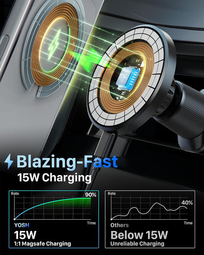 YOSH for MagSafe Car Mount Charger, 15W Fast Charging, with 60W Car Adapter | Magnetic Wireless Car Charger with Extendable Metal Double Hook for Air Vent, 22×N56 Magnets for iPhone 17–12 Samsung Pixel
