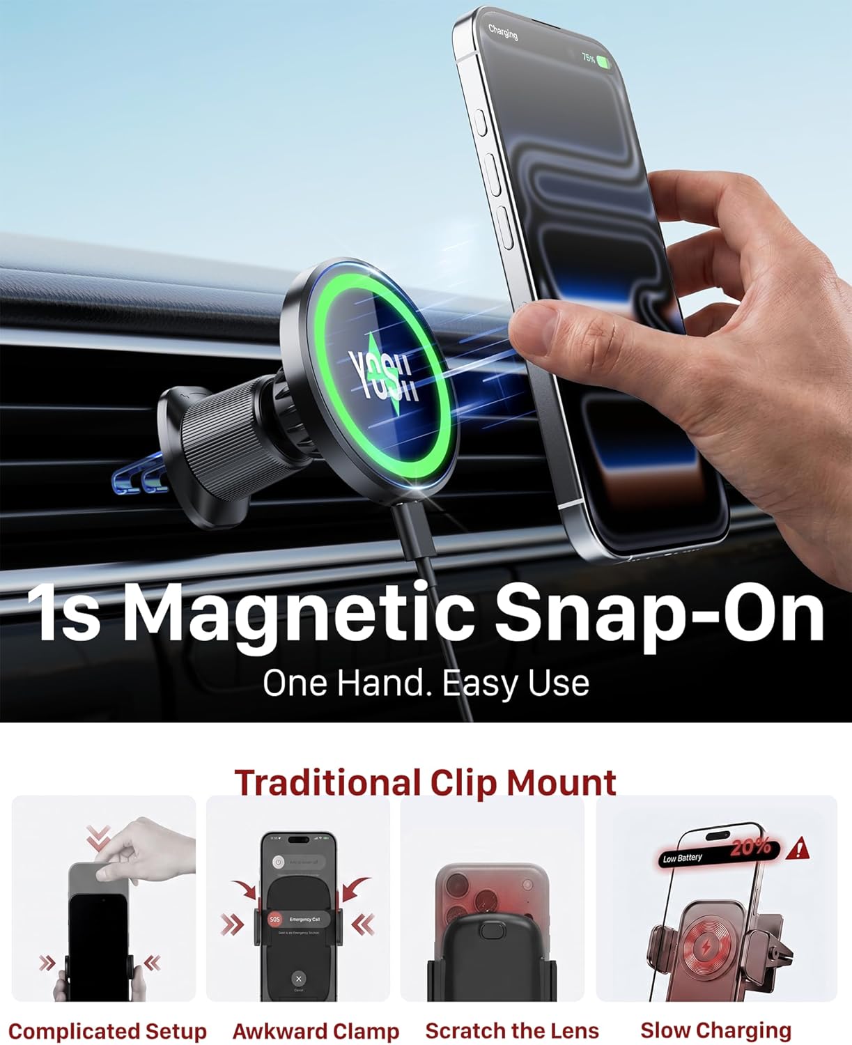 YOSH for MagSafe Car Mount Charger, [Advanced Cooling & 15W Fast Charging] Magnetic Wireless Car Charger with Extendable Metal Double Hook for Air Vent, 22×N56 Magnets for iPhone 17–12 Samsung Pixel