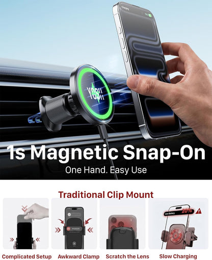YOSH for MagSafe Car Mount Charger, [Advanced Cooling & 15W Fast Charging] Magnetic Wireless Car Charger with Extendable Metal Double Hook for Air Vent, 22×N56 Magnets for iPhone 17–12 Samsung Pixel