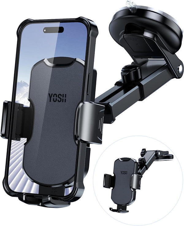 YOSH Car Phone Holder, 2023 Dashboard Windscreen Phone Holder for Cars, Car Phone Mount Leather Design with Suction Cup for iPhone 14 13 12 Pro Max Samsung S23 S22 S21 Ultra Otter-Box Cases