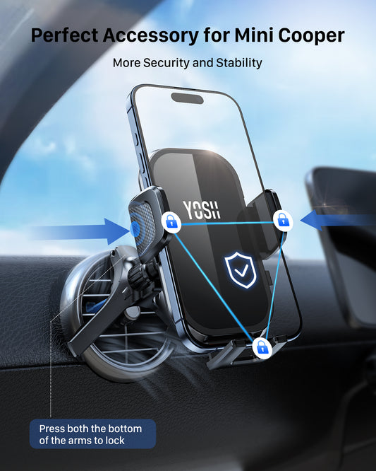 YOSH Support de téléphone rond pour grille d'aération de voiture pour Mercedes Benz A/C/Classe Audi Mini Cooper Ford BMW, support triangulaire stable pour grille d'aération circulaire pour iPhone Samsung Pixel Tous les téléphones de 4,0 à 7,0 pouces 