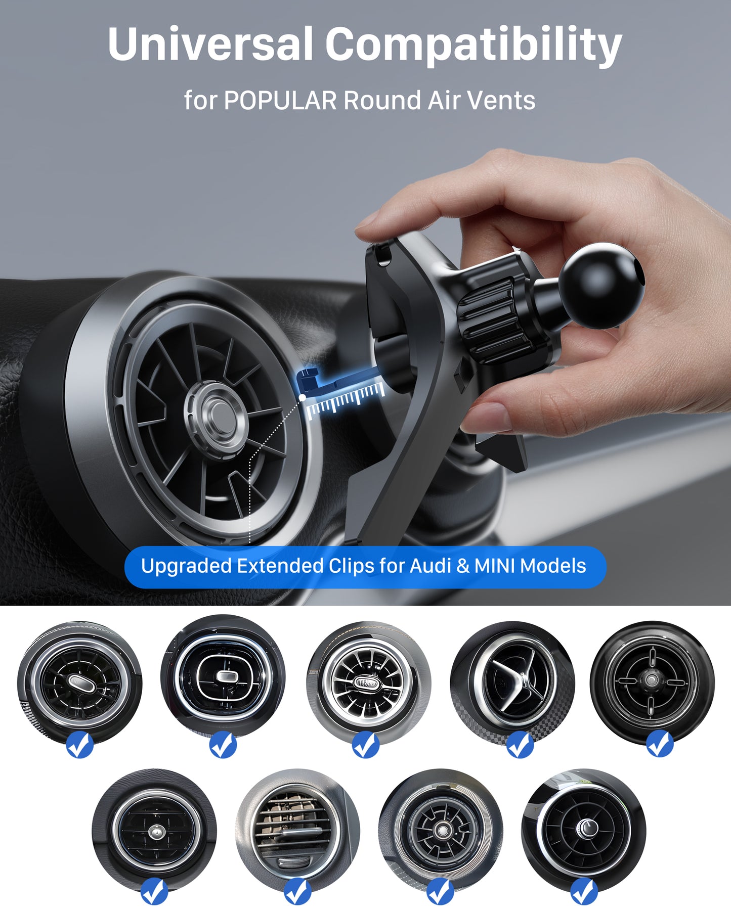 YOSH Mini Cooper Phone Holder for Round Air Vent, Fits Mini Cooper 2013‑2024, Audi A1/A3, Stable Triangle Support Mercedes Phone Holder, Big Phone Friendly for iPhone Samsung All 4.0"- 7.0" Phones