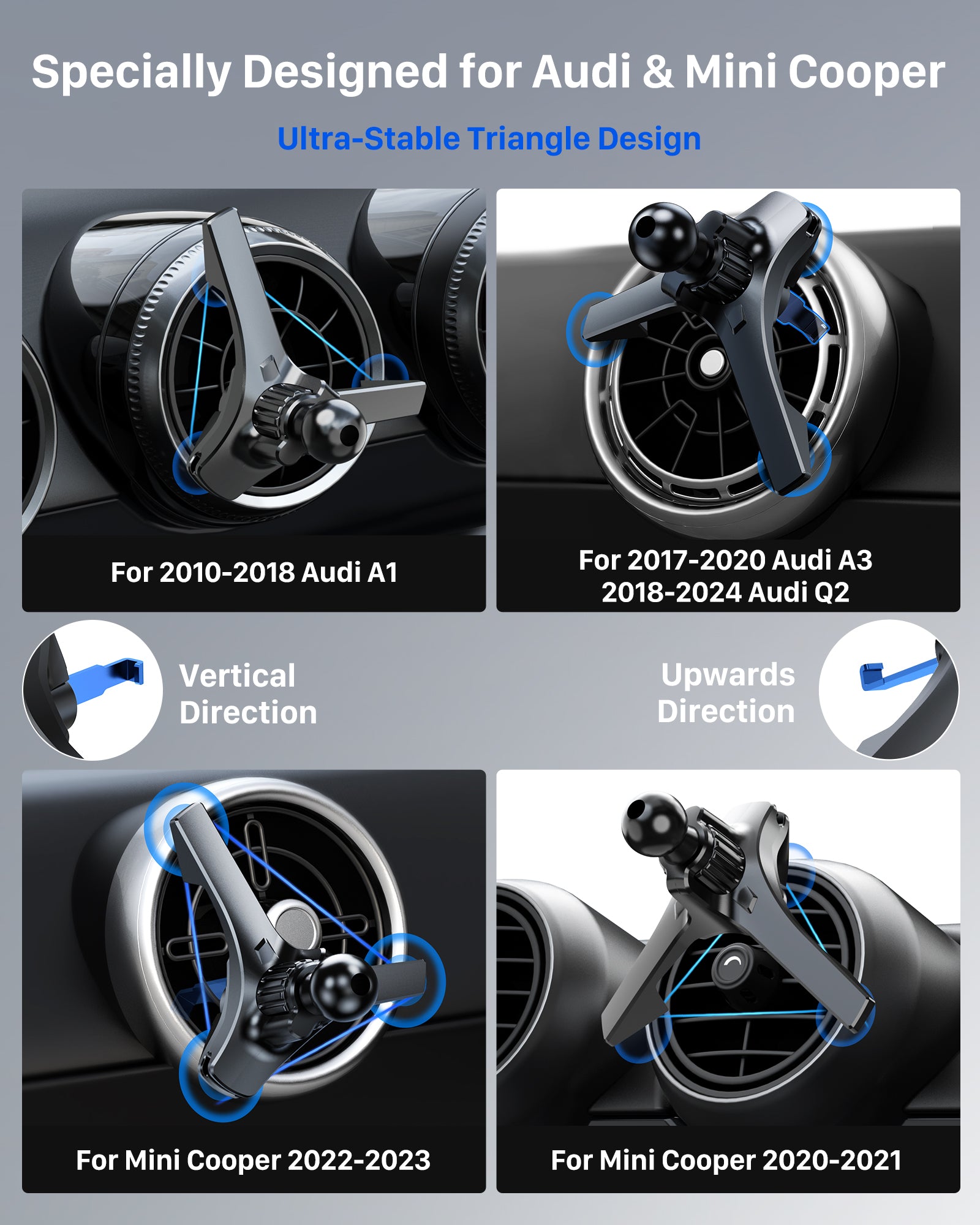 YOSH Mini Cooper Phone Holder for Round Air Vent, Fits Mini Cooper 2013‑2024, Audi A1/A3, Stable Triangle Support Mercedes Phone Holder, Big Phone Friendly for iPhone Samsung All 4.0