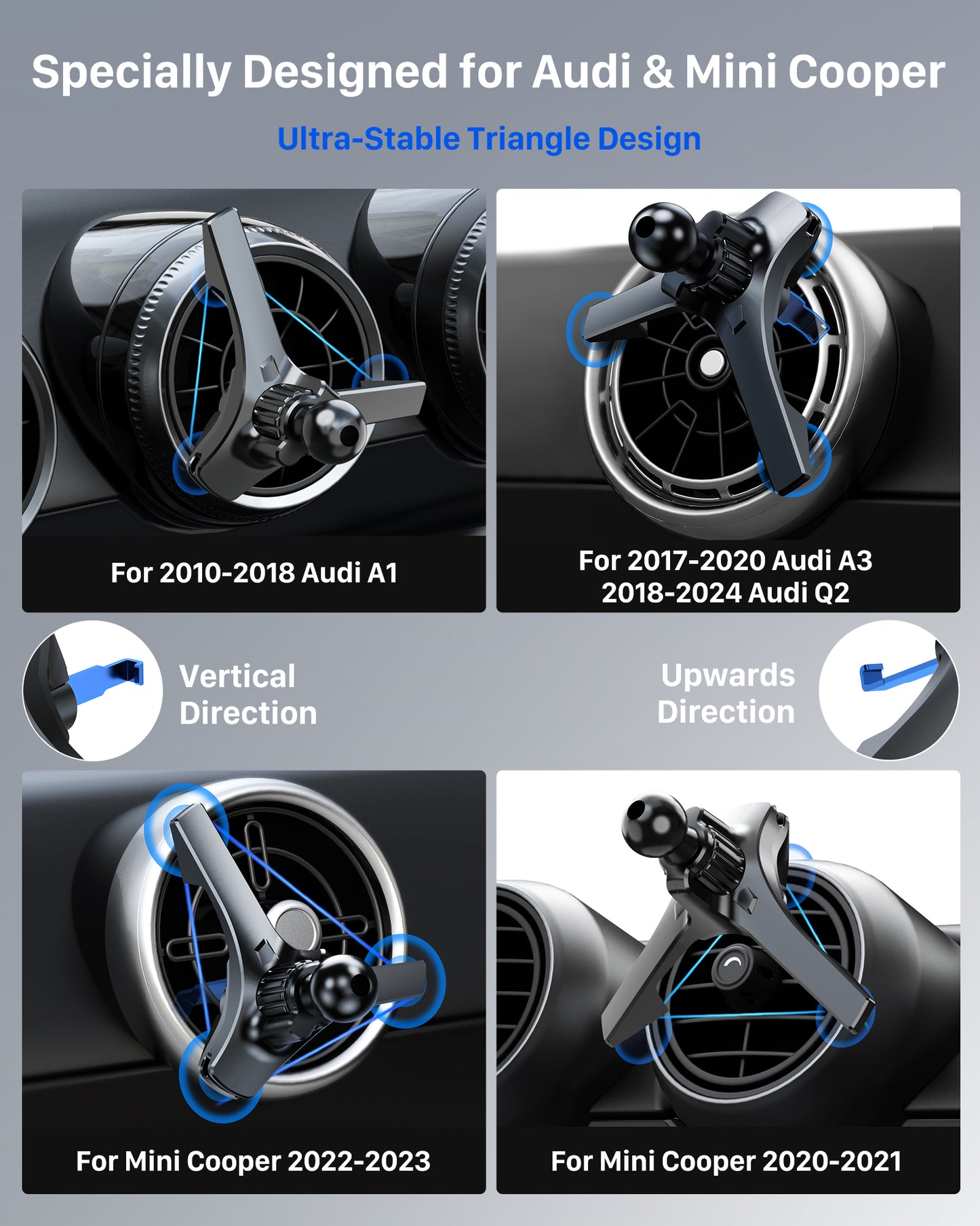 YOSH Mini Cooper Phone Holder for Round Air Vent, Fits Mini Cooper 2013‑2024, Audi A1/A3, Stable Triangle Support Mercedes Phone Holder, Big Phone Friendly for iPhone Samsung All 4.0"- 7.0" Phones