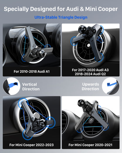 YOSH Mini Cooper Phone Holder for Round Air Vent, Fits Mini Cooper 2013‑2024, Audi A1/A3, Stable Triangle Support Mercedes Phone Holder, Big Phone Friendly for iPhone Samsung All 4.0"- 7.0" Phones