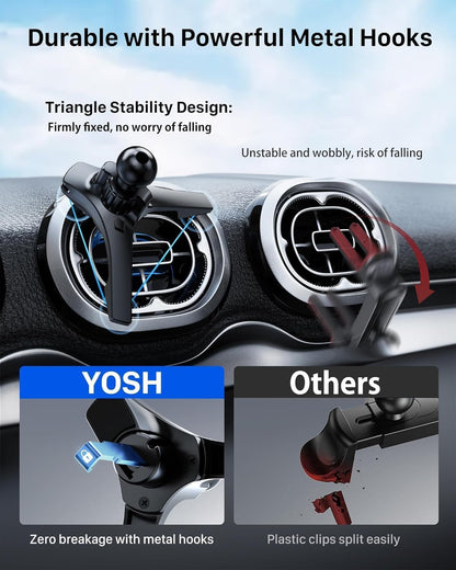 YOSH Mini Cooper Phone Holder for Round Air Vent, Fits Mini Cooper 2013‑2024, Audi A1/A3, Stable Triangle Support Mercedes Phone Holder, Big Phone Friendly for iPhone Samsung All 4.0"- 7.0" Phones