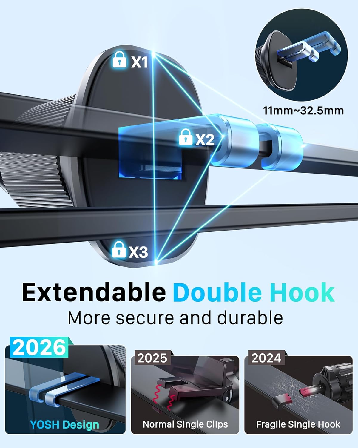 YOSH for MagSafe Car Mount Charger, 15W Fast Charging, with 60W Car Adapter | Magnetic Wireless Car Charger with Extendable Metal Double Hook for Air Vent, 22×N56 Magnets for iPhone 17–12 Samsung Pixel