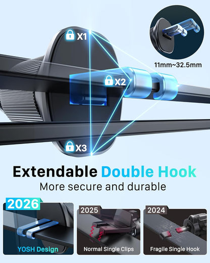 YOSH for MagSafe Car Mount Charger, 15W Fast Charging, with 60W Car Adapter | Magnetic Wireless Car Charger with Extendable Metal Double Hook for Air Vent, 22×N56 Magnets for iPhone 17–12 Samsung Pixel