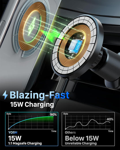 YOSH for MagSafe Car Mount Charger, [Advanced Cooling & 15W Fast Charging] Magnetic Wireless Car Charger with Extendable Metal Double Hook for Air Vent, 22×N56 Magnets for iPhone 17–12 Samsung Pixel