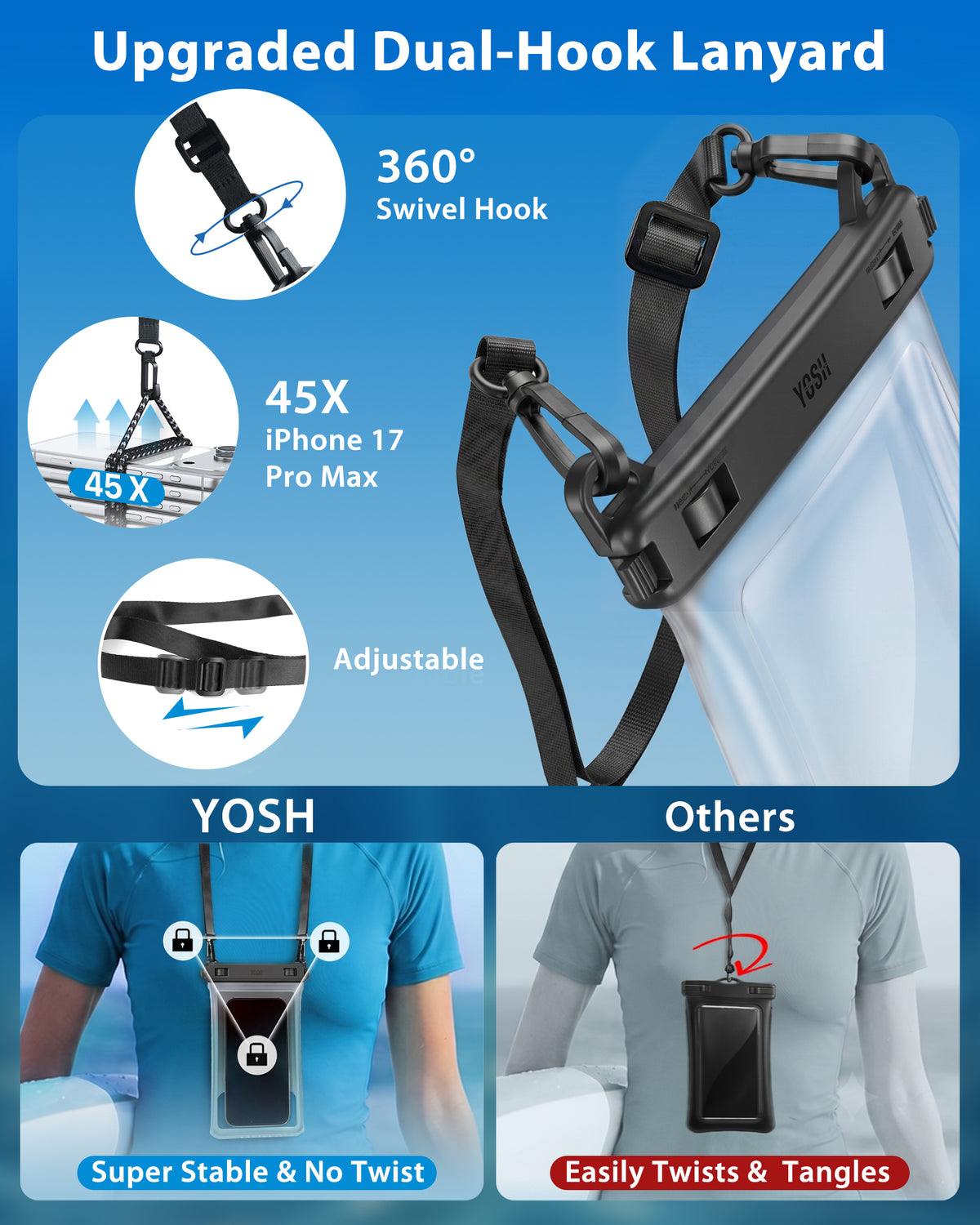 YOSH Crossbody Waterproof Phone Pouch, 2 Pack Waterproof Phone Case, 7.5" | Seamless One-Piece Body, IPX8 Underwater Phone Cases for iPhone 17 16 15 14 Pro Max Samsung S26 S25 S24 S23 Ultra Xiaomi 17