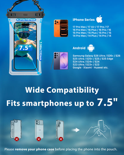 YOSH Crossbody Waterproof Phone Pouch, 2 Pack Waterproof Phone Case, 7.5" | Seamless One-Piece Body, IPX8 Underwater Phone Cases for iPhone 17 16 15 14 Pro Max Samsung S26 S25 S24 S23 Ultra Xiaomi 17