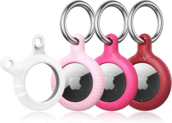 YOSH Airtag Holder, Airtag Keyring [Twist Lock Design] 4 Pack, TPU & Hard PC Airtag Case, 30mm Metal Spring Keychain for Car Keys, Bags, Accessories for Apple AirTag, White&Light Pink& Dark Pink& Red