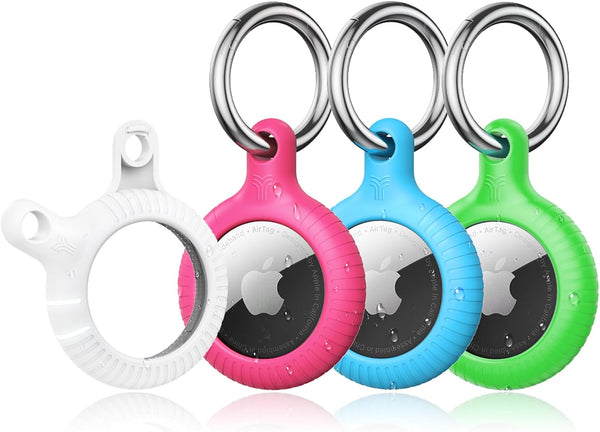 YOSH Airtag Holder, Airtag Keyring [Twist Lock Design] 4 Pack, TPU & Hard PC Airtag Case, 30mm Metal Spring Keychain for Car Keys, Bags, Accessories for Apple AirTag, White& Pink& Green& Blue