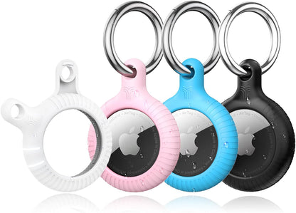 Lot de 4 porte-clés Airtag YOSH [conception à verrouillage par rotation], étui Airtag en TPU et PC rigide, porte-clés à ressort en métal de 30 mm pour clés de voiture, sacs, accessoires pour Apple AirTag, blanc, bleu, rose et noir 