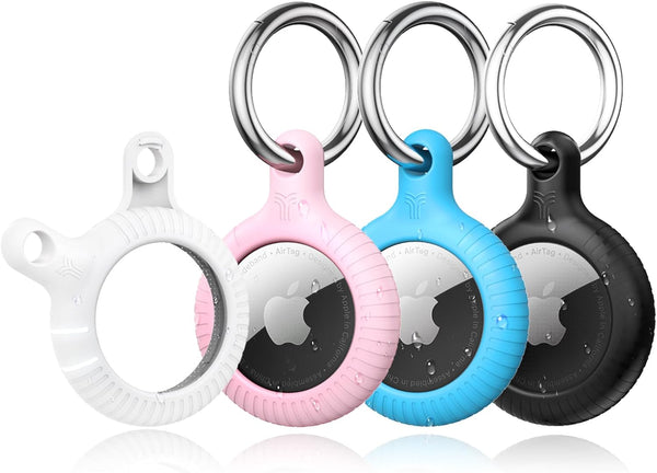 YOSH Airtag Holder, Airtag Keyring [Twist Lock Design] 4 Pack, TPU & Hard PC Airtag Case, 30mm Metal Spring Keychain for Car Keys, Bags, Accessories for Apple AirTag, White& Blue& Pink& Black