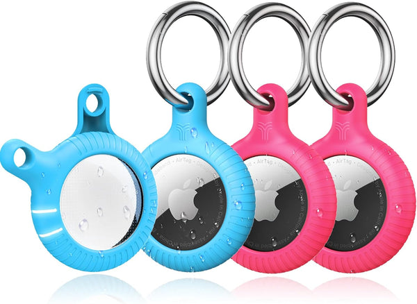 YOSH Airtag Holder, Airtag Keyring [Twist Lock Design] 4 Pack, TPU & Hard PC Airtag Case, 30mm Metal Spring Keychain for Car Keys, Bags, Accessories for Apple AirTag, Blue & Pink