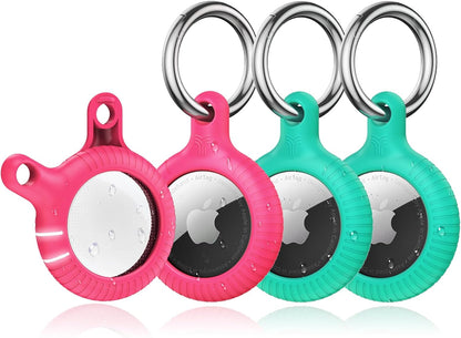 Lot de 4 porte-clés Airtag YOSH [conception de verrouillage par rotation], étui Airtag en TPU et PC rigide, porte-clés à ressort en métal de 30 mm pour clés de voiture, sacs, accessoires pour Apple AirTag, rose et vert 