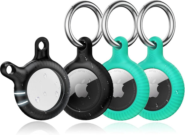 YOSH Airtag Holder, Airtag Keyring [Twist Lock Design] 4 Pack, TPU & Hard PC Airtag Case, 30mm Metal Spring Keychain for Car Keys, Bags, Accessories for Apple AirTag, Black & Green