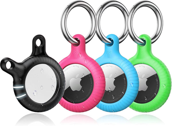 YOSH Airtag Holder, Airtag Keyring [Twist Lock Design] 4 Pack, TPU & Hard PC Airtag Case, 30mm Metal Spring Keychain for Car Keys, Bags, Accessories for Apple AirTag, Black & Pink & Green & Light Blue