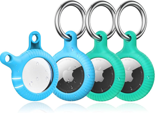 YOSH Airtag Holder, Airtag Keyring [Twist Lock Design] 4 Pack, TPU & Hard PC Airtag Case, 30mm Metal Spring Keychain for Car Keys, Bags, Accessories for Apple AirTag, Green & Blue