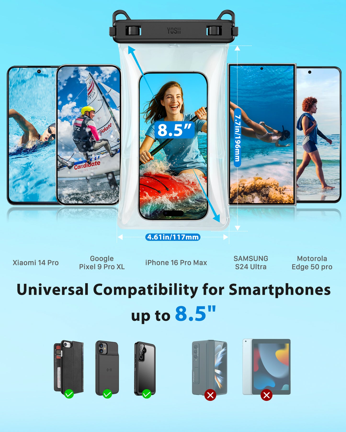 YOSH Waterproof Phone Pouch 2 Pack, Innovative Floating Technology & IPX8 Waterproof Phone Case for Swimming Travel Beach, 7.5 inch Underwater Case for iPhone 17 Pro Max Samsung Xiaomi- Water Clear