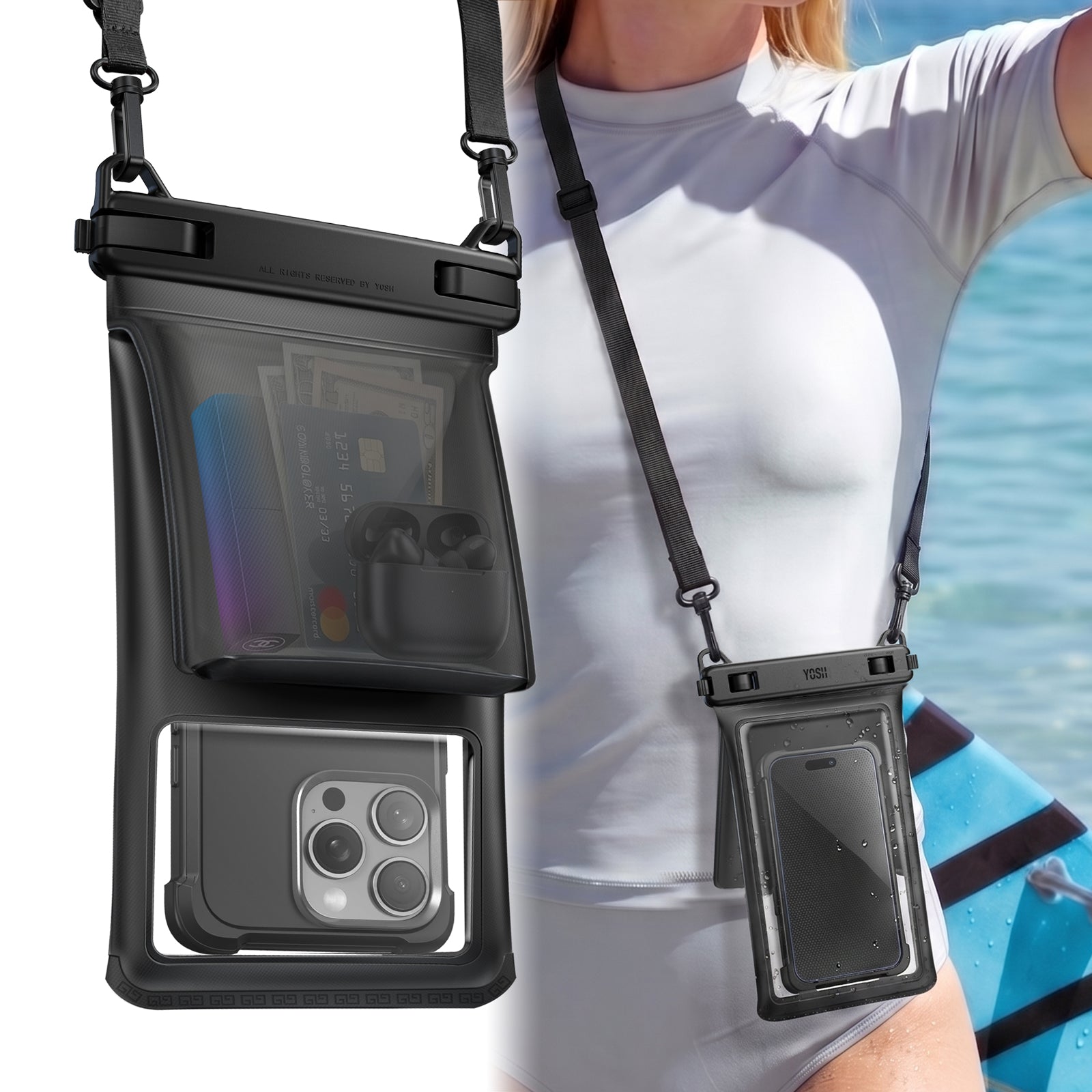YOSH Waterproof Phone Pouch [2026 3D Double Space][1 Pack], IPX8 Crossbody Waterproof Phone Case for Swimming Travel Holiday, Underwater Case for iPhone 17 16 Pro Max Samsung S26 S25 Ultra Up to 7.5