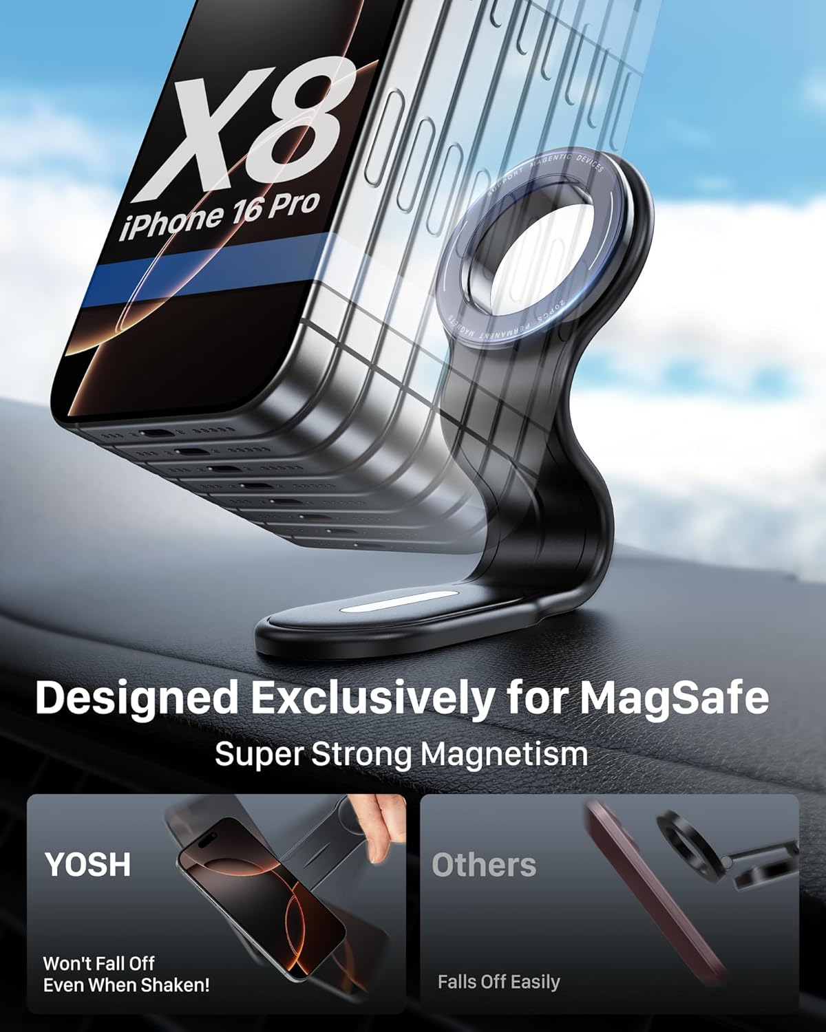 YOSH MagSafe Car Mount, Magnetic iPhone Car Holder Cradle Dashboard Bendable for Car Dash, Car Phone Holder Magnetic for iPhone 16/15/14/13/12 Series & MagSafe Case