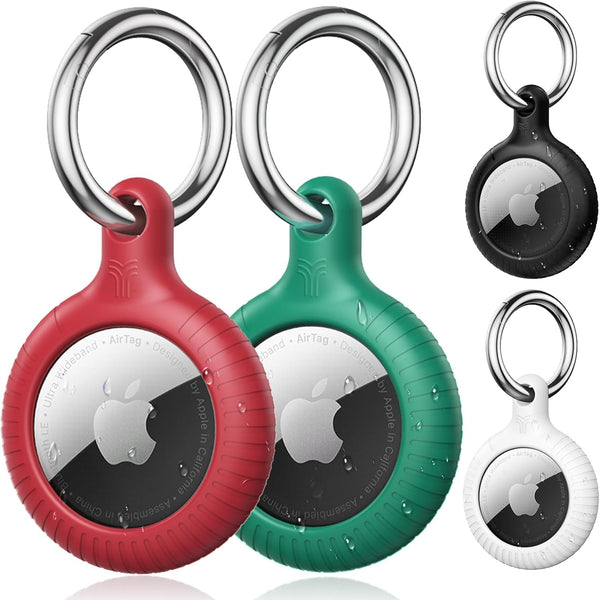 YOSH Airtag Holder, Airtag Keyring [Twist Lock Design] 4 Pack, TPU & Hard PC Airtag Case, 30mm Metal Spring Keychain for Car Keys, Bags, Accessories for Apple AirTag, White& Red& Green& Black