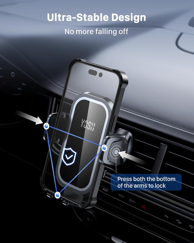 YOSH Car Phone Holder, Air Vent Phone Holder for Cars, iPhone Car Holder Double Lock Metal Hook, Super Stable Big Phone Friendly for iPhone 16 15 14 13 12 11 Samsung S24 S23 S22 S21 Pixel, Silver