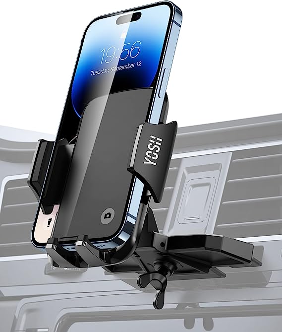 YOSH CD Phone Holder for Car, CD Slot Phone Holder Mount with Adjustable Clamp, 360° Rotation Phone Holder for iPhone 14 13 12 11 pro max X XR 8 7 Plus Samsung S21 S20 Huawei P30 P20 Xiaomi etc.