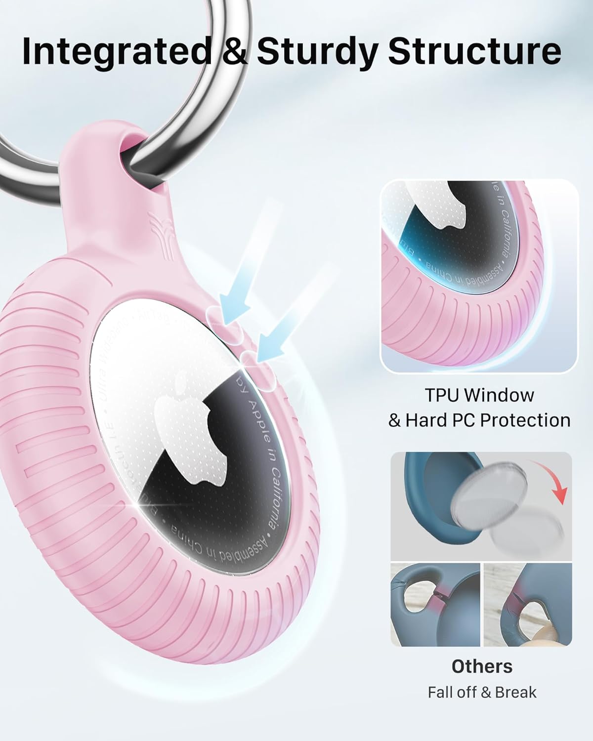 Lot de 4 porte-clés Airtag YOSH [conception à verrouillage par rotation], étui Airtag en TPU et PC rigide, porte-clés à ressort en métal de 30 mm pour clés de voiture, sacs, accessoires pour Apple AirTag, blanc, bleu, rose et noir 