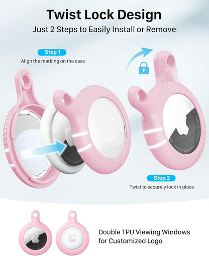 Lot de 4 porte-clés Airtag YOSH [conception de verrouillage par rotation], étui Airtag en TPU et PC rigide, porte-clés à ressort en métal de 30 mm pour clés de voiture, sacs, accessoires pour Apple AirTag, blanc, rose clair, rose foncé et rouge 