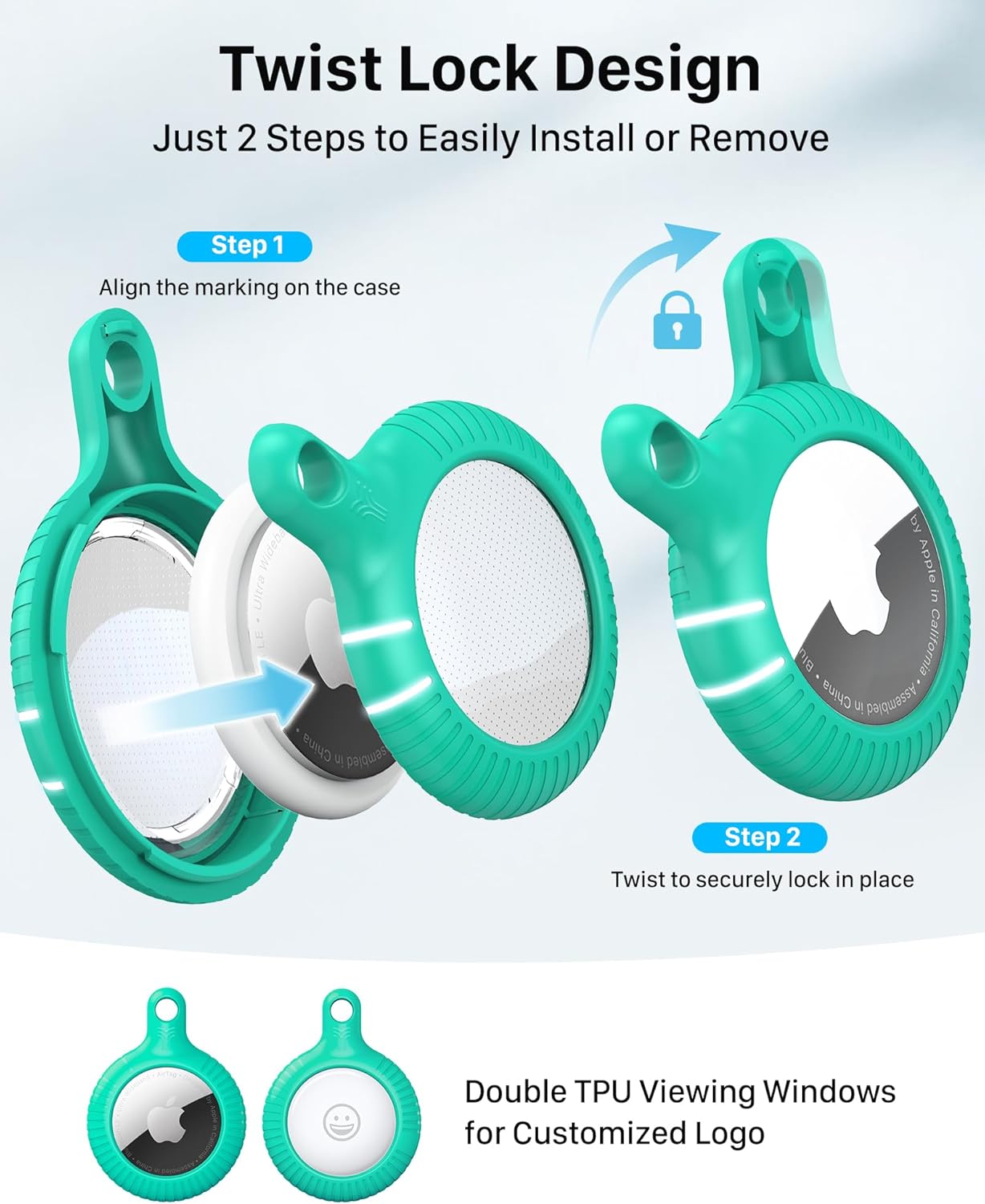 Lot de 4 porte-clés Airtag YOSH [conception à verrouillage par rotation], étui Airtag en TPU et PC rigide, porte-clés à ressort en métal de 30 mm pour clés de voiture, sacs, accessoires pour Apple AirTag, noir et vert 